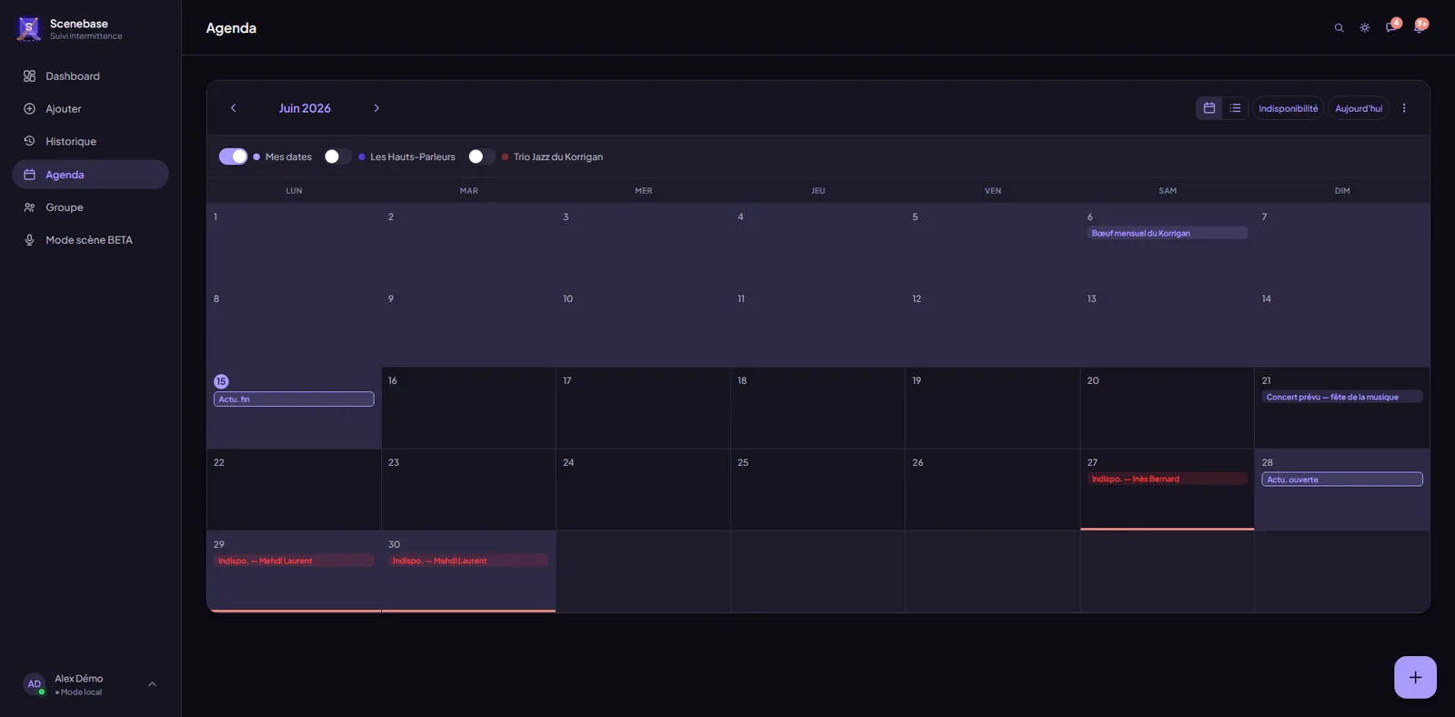 L'agenda du mois avec les dates du groupe et les indisponibilités